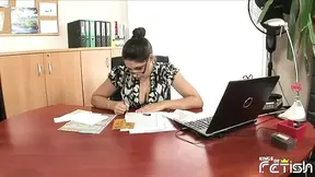 Horny blonde babe plays with her busty secretary wet pussy