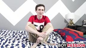 ”Slim twink Jacob milking his cock pole until burst of jizz”