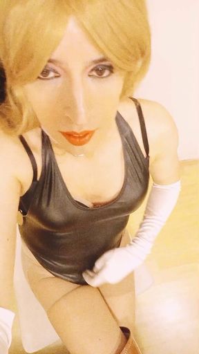 Sissy masturbating in black swimsuit