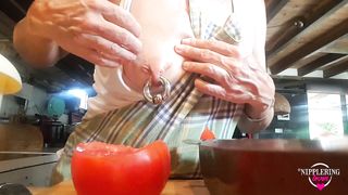 Nippleringlover Flashing Pierced Nipples with Gigantic Heavy Nipple Ring Stretching Nipple while Cooking