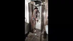 Tight teen with big tits inserts dildo in shower