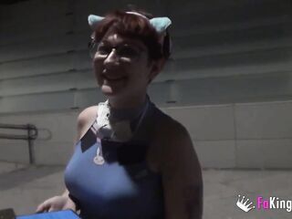 Breasty nerd redhead looks for lads to suck in a public street