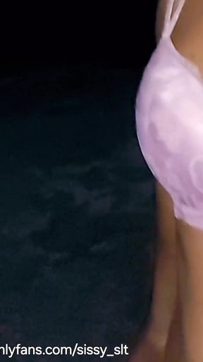 Ladyboy Strip and Piss Outdoor in Chastity Cage and Plug