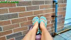 Small Asian feet in flip flops - aqua stripped well loved flip flops vol 6