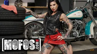 Tattooed Joanna Angel squirts hard while riding Van Wylde's cock
