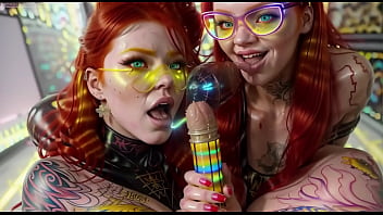 Strange double blowjob by two ginger AI twins dolls