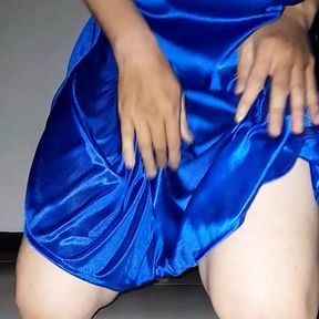 Masturbation cum wearing blue satin silk lingerie