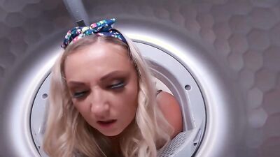 Blonde MILF with massive tits stuck in a washing machine and fucked rough