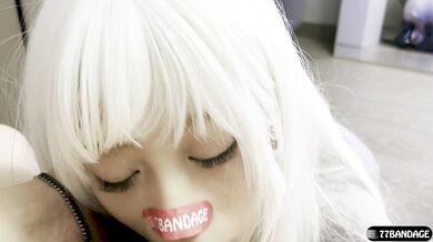 Petite student wears bandage gag deepthroated in mirror