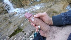 Handsome Gives Perfect Cumshot From Nice Big Hard Cock Spit in Front of River Waterfall