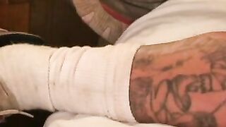 Messy amateur guy smokes while stroking his big cock
