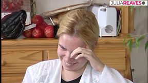 Shy blonde looks down while chatting with lover