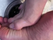 Ballerina Rosey's small muddy feet rub together get soapy & clean in sink