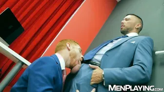 Ginger Leander fucks suited bottom Shane Jackson in office