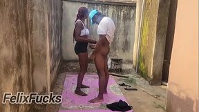 Black MILF gives a sloppy blowjob and gets fucked hard outdoors