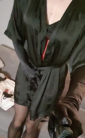 Feeling very naughty in lingerie and my favorite red satin night dress