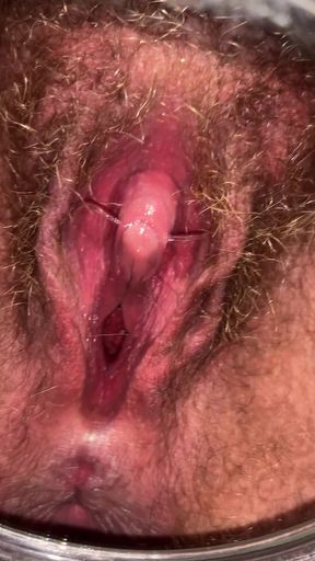 Shiny blonde trans boy plays with hairy pussy