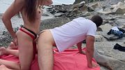 Lora is having sex with a guy on the ocean shore. Romantic pegging. Anal sex.