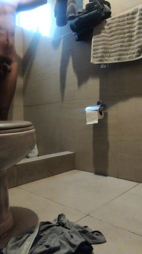 College roommate taking a bath before class