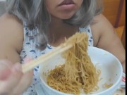 Cute feedee eats noodles for her feeder
