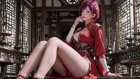 Purple-haired War Maiden in High-slit Kimono, Kneeling to Tease Your Eyes with a Fiery Gaze and a Wet, Forbidden Whisper.