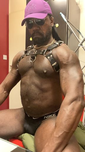 Black Hot Mature Muscle Harness &amp; Jock Flex Wank