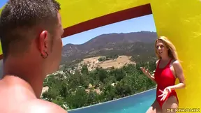 Big-Breasted MILF in Red Swimsuit Sluttyly Takes His Hard Cock Deep