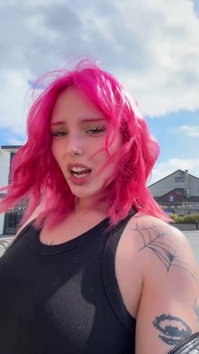 Inked goth with pink hair gets pierced