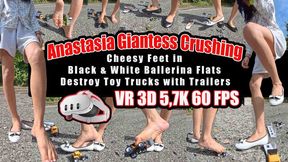 VR 5,7K 60fps | Anastasia Giantess Crushing Fetish: Huge Cheesy Feet in Black & White Ballerina Flats Destroy Toy Trucks with Trailers, Military Vehicles & Construction Vehicles Barefoot & in Ballerinas – Total Destruction VR 5,7K POV Crush Clip