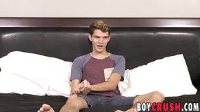 Petite twink Max Rose jerks off solo during an interview
