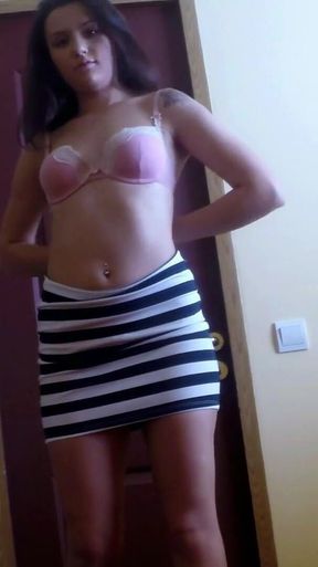 Sexy Teen Striping Her Skirt and Bra and Taking Old Man Cock in Her Mouth