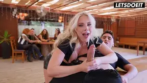 Tattooed blonde with enormous natural boobs gets naughty at the bar.