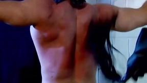 ”Muscled Derek Pain takes flogging all over his hot back til it is rosy red”