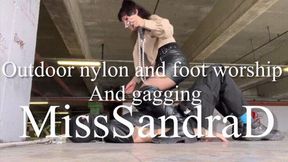Outdoor nylon and foot worship and gagging