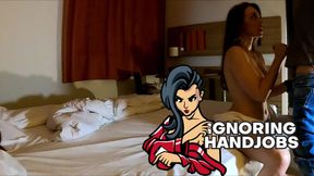Hotel handjob unexpected cum on tits an amazing tease on her soft small hands with oil HJ and cum on her all-natural tits