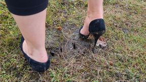 Suede Heel Sinking in Very Wet Grass