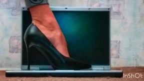 Nastya trample and crush laptop - very sexy feet and high heels + spitting