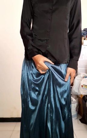 Crossdresser Cumming Wearing Satin Silk Blouse and Shiny Skirt