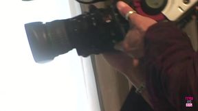 Smoking hot brunette stops her photoshoot to give an awesome blowjob and gets fucked missionary