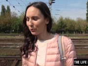 Tall skinny girl almost caught masturbating in public at a train station