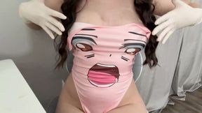 Indian step sister plays with her breasts in medical gloves