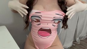Indian step sister plays with her breasts in medical gloves