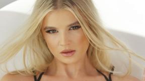 Satisfying blonde teen model passion posing action in hot black lingerie