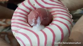 Horny skinny teen fucks a donut with a big dick