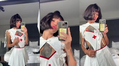 Freaky stepsis shows off her tattooed body and shaved pussy for her onlyfans