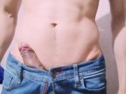 Sexy guy playing with his bulge in tight denim shorts  Massive cumshot!  OF: @liamdenoche