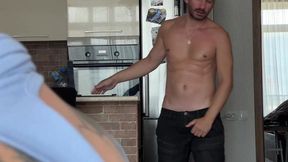 Bi threesome - stepdad fucks stepson and his gf and cums on their faces -3.96