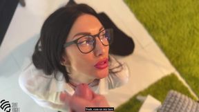 Busty secretary gives boss a jaw-dropping blowjob