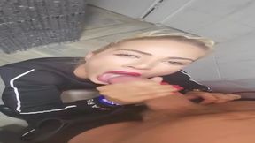 Blonde bimba gives sloppy blowjobs and gets banged rock-hard in public toilet