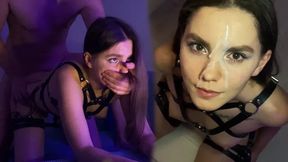 Sexy Brunette in Harness Gives Blowjob and Rides Cock - Just Look at Her Pretty Face